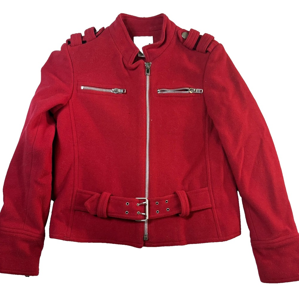 David N Wool Moto Cropped Jacket Zipper Red Belted Biker Italy Fabric Size 4